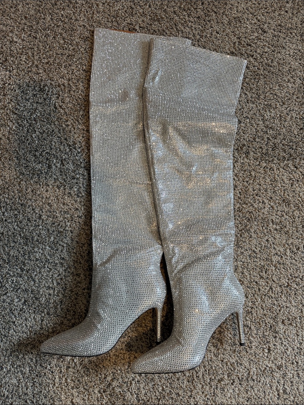 Silver Rhinestone Over-the-Knee Stiletto Boots
